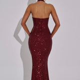 Estara | Contoured Fishtail Embellished Halter Maxi Dress