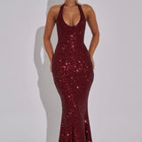 Estara | Contoured Fishtail Embellished Halter Maxi Dress