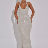 Estara | Contoured Fishtail Embellished Halter Maxi Dress