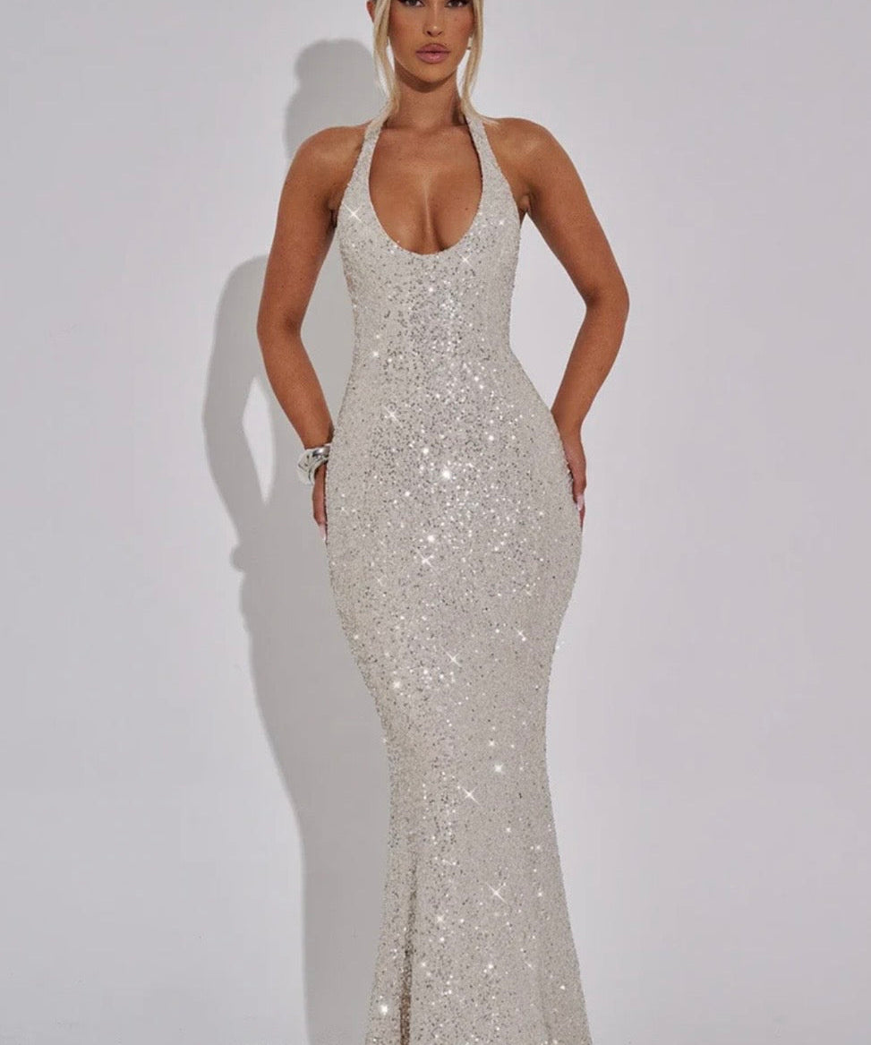Estara | Contoured Fishtail Embellished Halter Maxi Dress