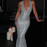Stellara | Embellished Open Back Sequin Net Halter Maxi Dress