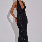 Stellara | Embellished Open Back Sequin Net Halter Maxi Dress