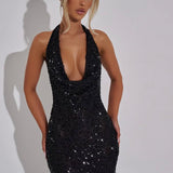 Stellara | Embellished Open Back Sequin Net Halter Maxi Dress