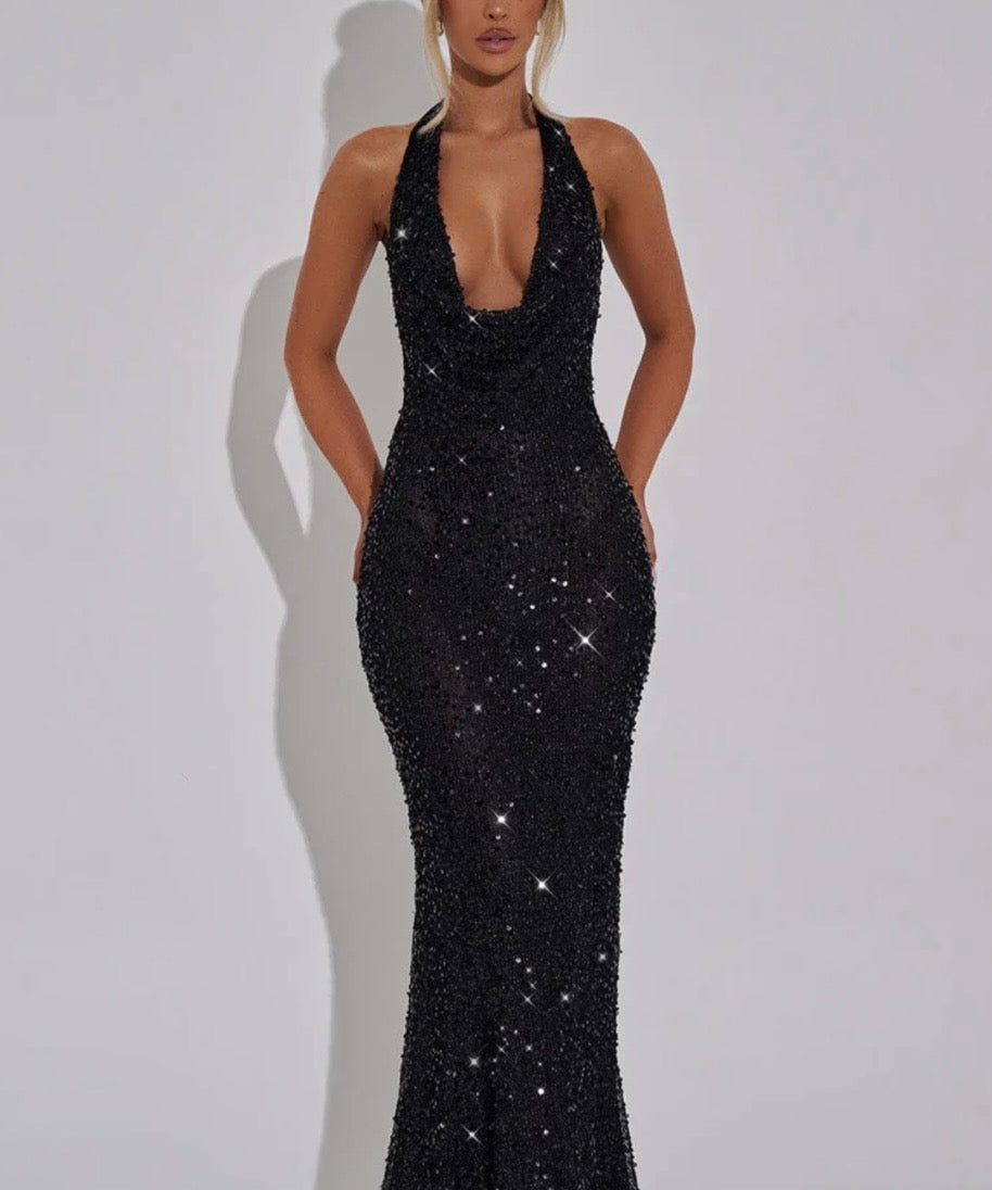 Stellara | Embellished Open Back Sequin Net Halter Maxi Dress