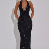 Stellara | Embellished Open Back Sequin Net Halter Maxi Dress