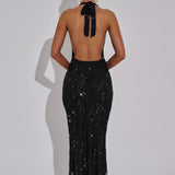 Stellara | Embellished Open Back Sequin Net Halter Maxi Dress