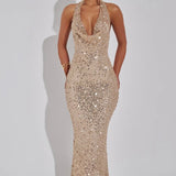Stellara | Embellished Open Back Sequin Net Halter Maxi Dress