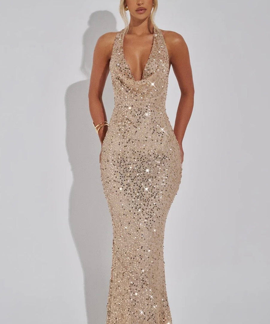 Stellara | Embellished Open Back Sequin Net Halter Maxi Dress