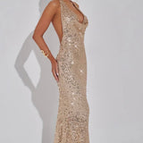 Stellara | Embellished Open Back Sequin Net Halter Maxi Dress