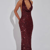 Stellara | Embellished Open Back Sequin Net Halter Maxi Dress