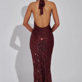 Stellara | Embellished Open Back Sequin Net Halter Maxi Dress