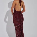 Stellara | Embellished Open Back Sequin Net Halter Maxi Dress