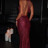 Stellara | Embellished Open Back Sequin Net Halter Maxi Dress