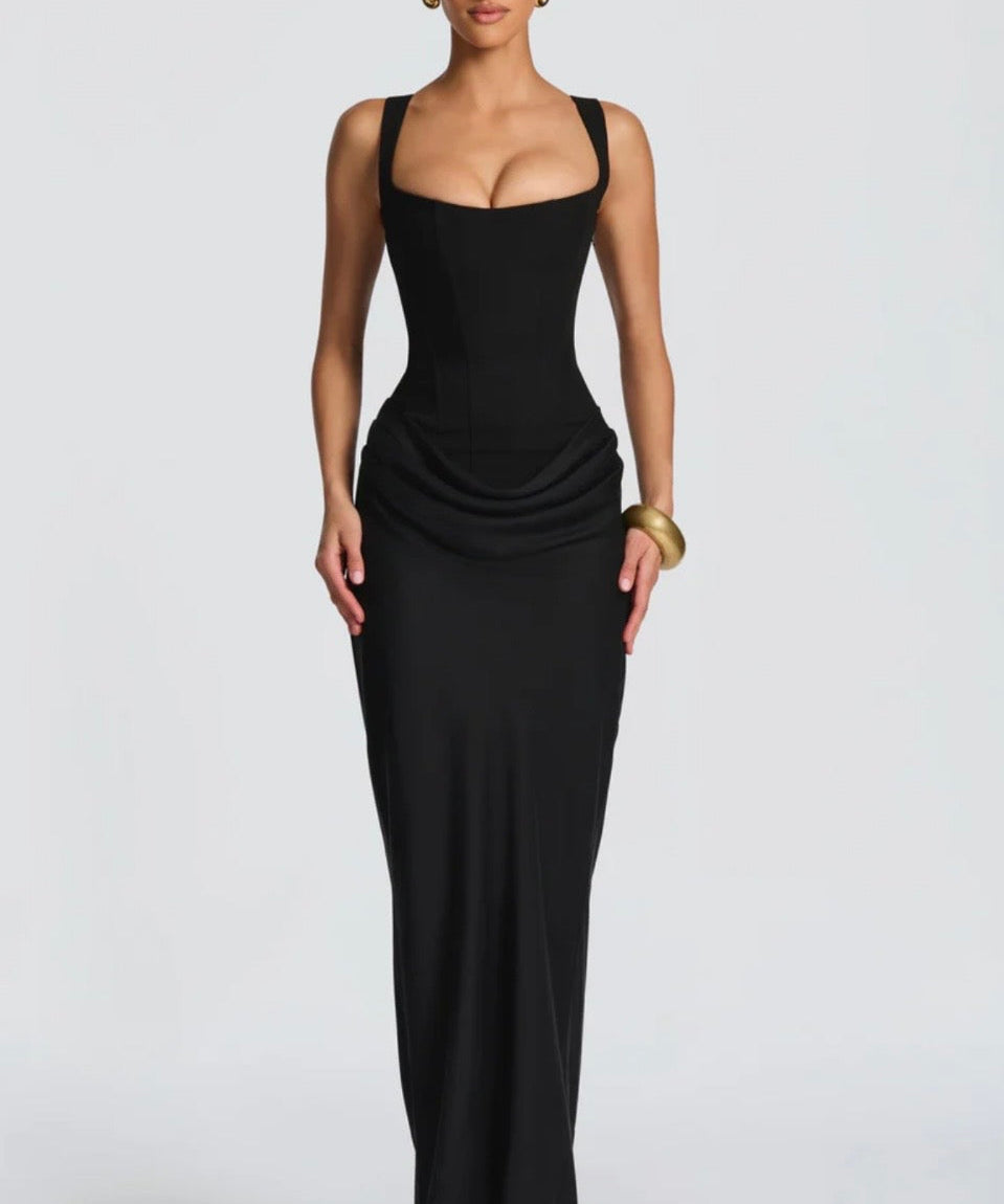 Nina | Sculpted Lowered Waist Square Neck Crepe Maxi Dress