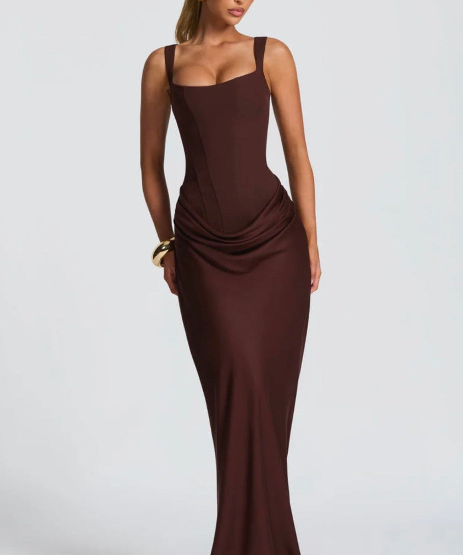 Nina | Sculpted Lowered Waist Square Neck Crepe Maxi Dress