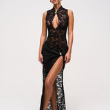 Kimmy | Sheer Black Lace Maxi Dress with Gold Detail & High Slit