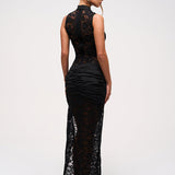 Kimmy | Sheer Black Lace Maxi Dress with Gold Detail & High Slit