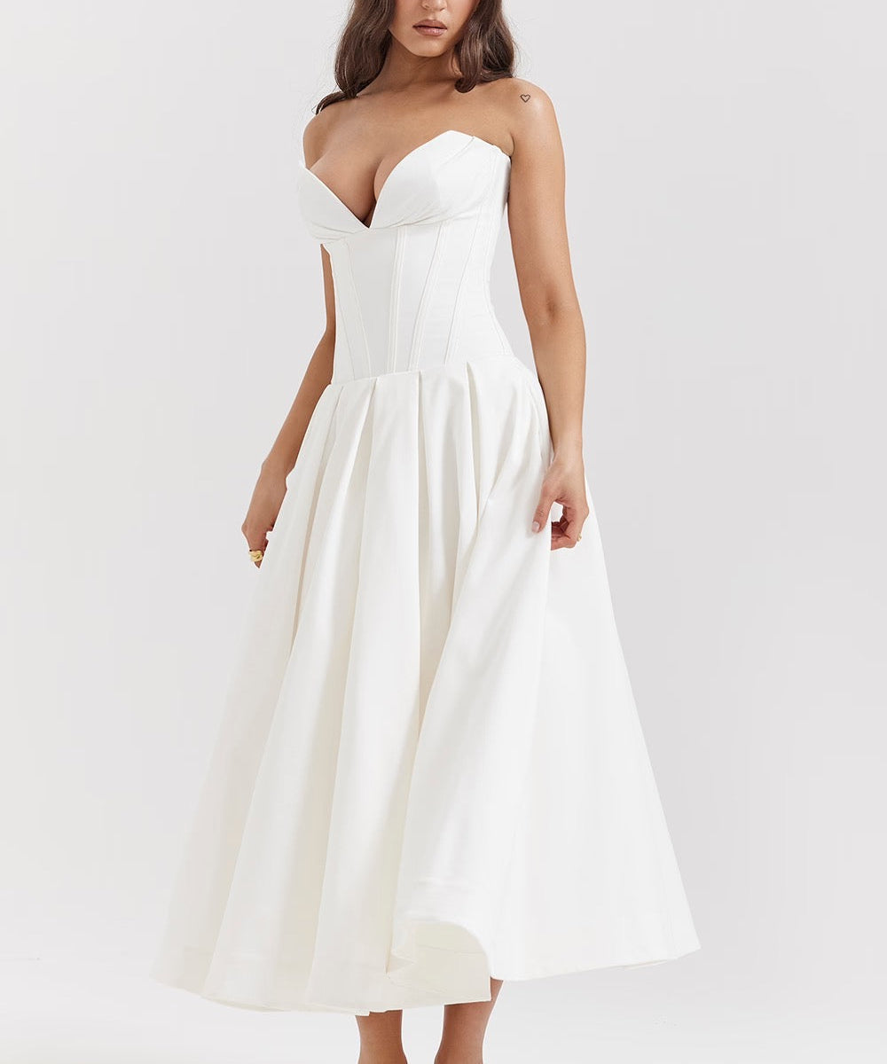 Nyssa | Full Pleated Romantic Silhouette Boned Corset Midi Dress