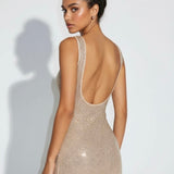 The Solar | Square Neck Rhinestone Stretch Net Mini Dress