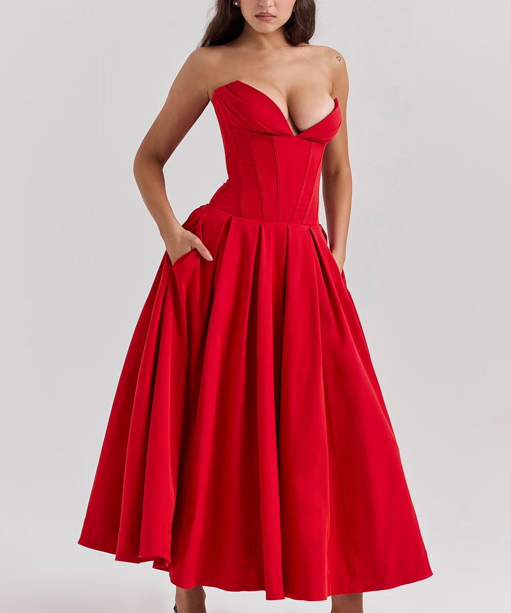 Nyssa | Full Pleated Romantic Silhouette Boned Corset Midi Dress