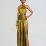 Talia | Luminous Metallic Halter Maxi Dress