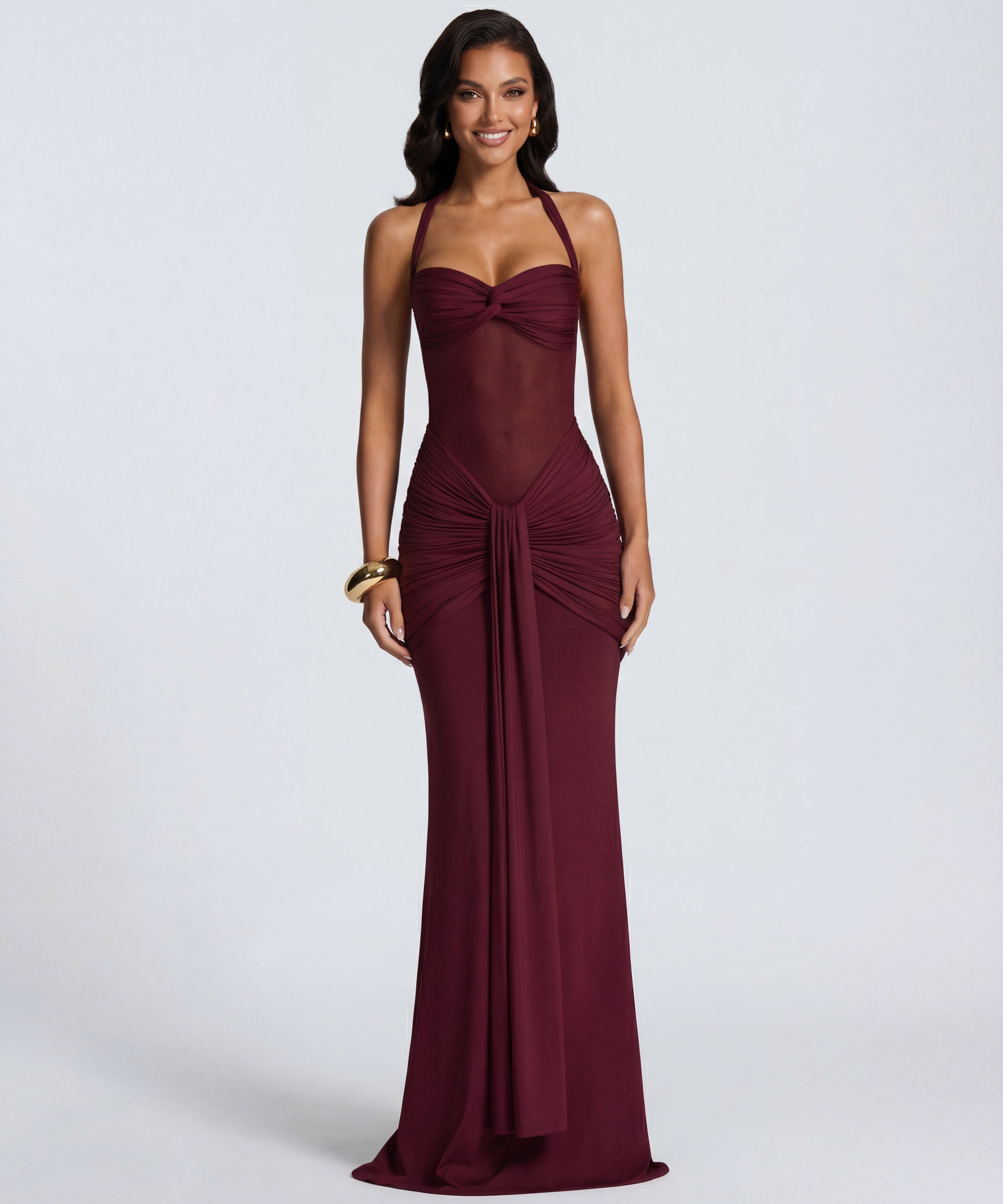 Rosabella |  Radiant Yellow Halter Neck Ruched Maxi Dress