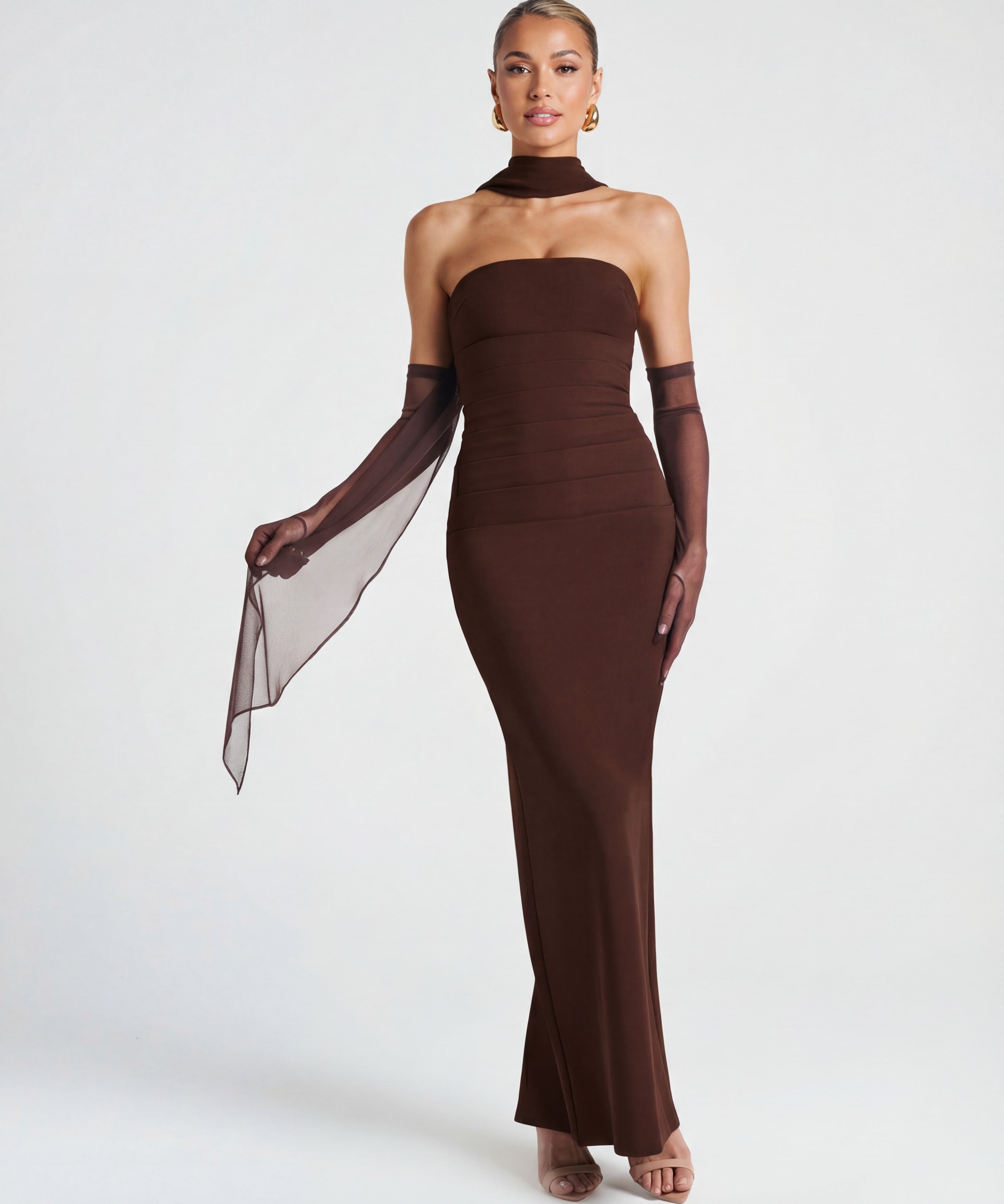 Ella | Strapless Sculpting Maxi Dress with Removable Mesh Scarf