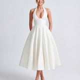 Evelyn | Halterneck Bustier Textured Jacquard Midi Dress