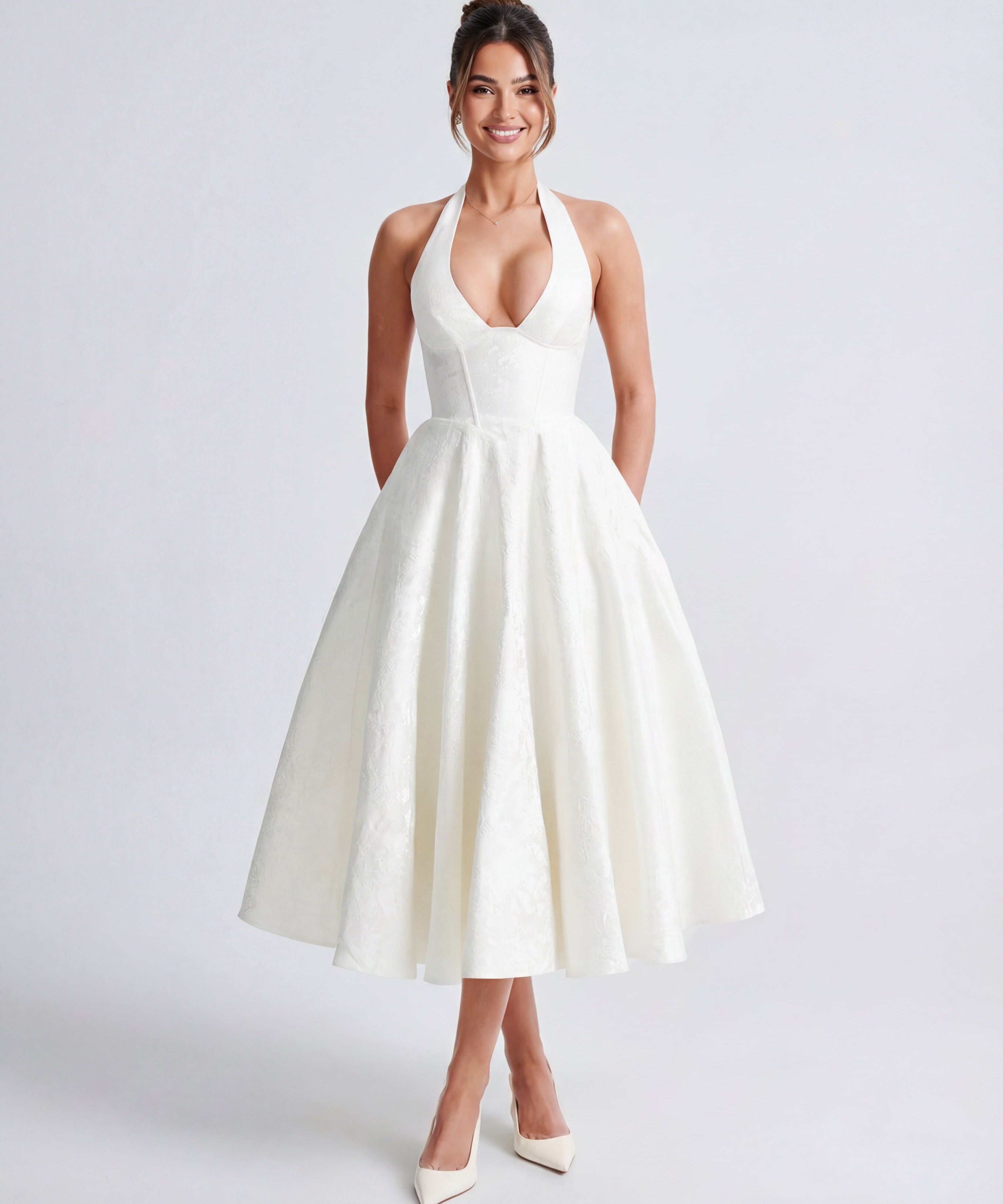 Evelyn | Halterneck Bustier Textured Jacquard Midi Dress