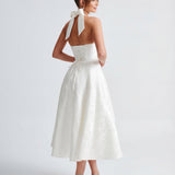 Evelyn | Halterneck Bustier Textured Jacquard Midi Dress
