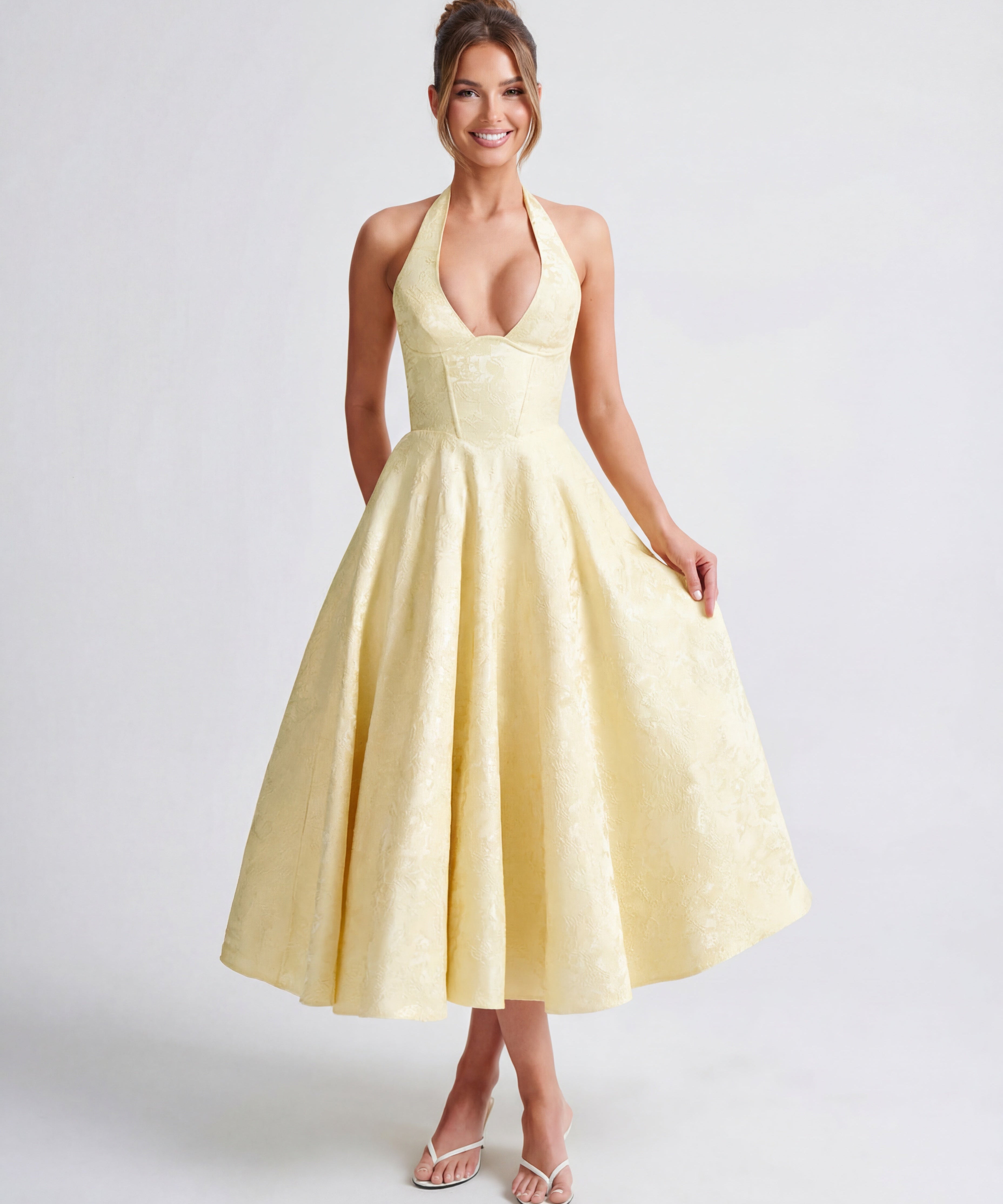 Evelyn | Halterneck Bustier Textured Jacquard Midi Dress
