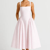 Nicolle | Retro Checkered Square-Neck Midi Dress