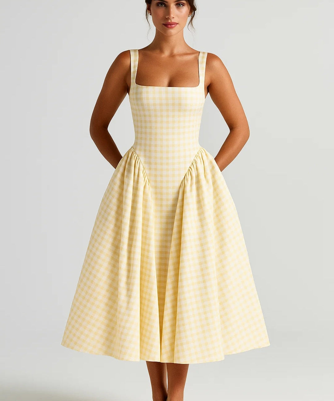 Nicolle | Retro Checkered Square-Neck Midi Dress