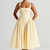 Nicolle | Retro Checkered Square-Neck Midi Dress