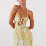 Marly | Side Cut-Out Floral Halter Maxi Dress with Ruffle Detail
