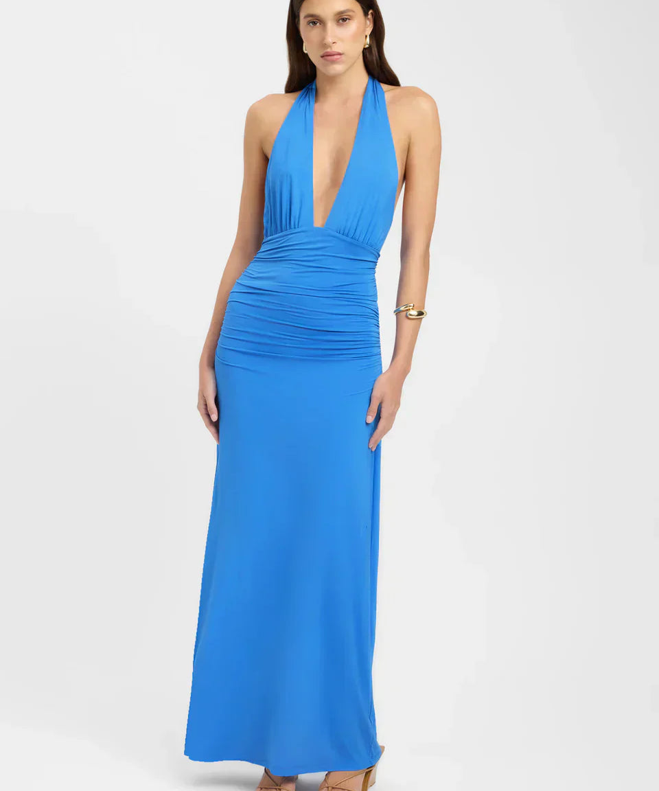 Ophelia | Open Back Ruched Plunging Maxi Dress