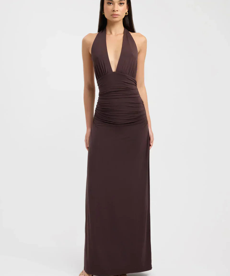 Ophelia | Open Back Ruched Plunging Maxi Dress