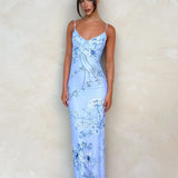 Julie | Elegant Printed Sleeveless  Rose Stripe Flowy Maxi Dress