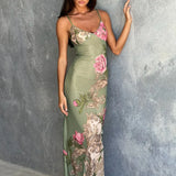 Julie | Elegant Printed Sleeveless  Rose Stripe Flowy Maxi Dress