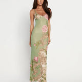 Julie | Elegant Printed Sleeveless  Rose Stripe Flowy Maxi Dress