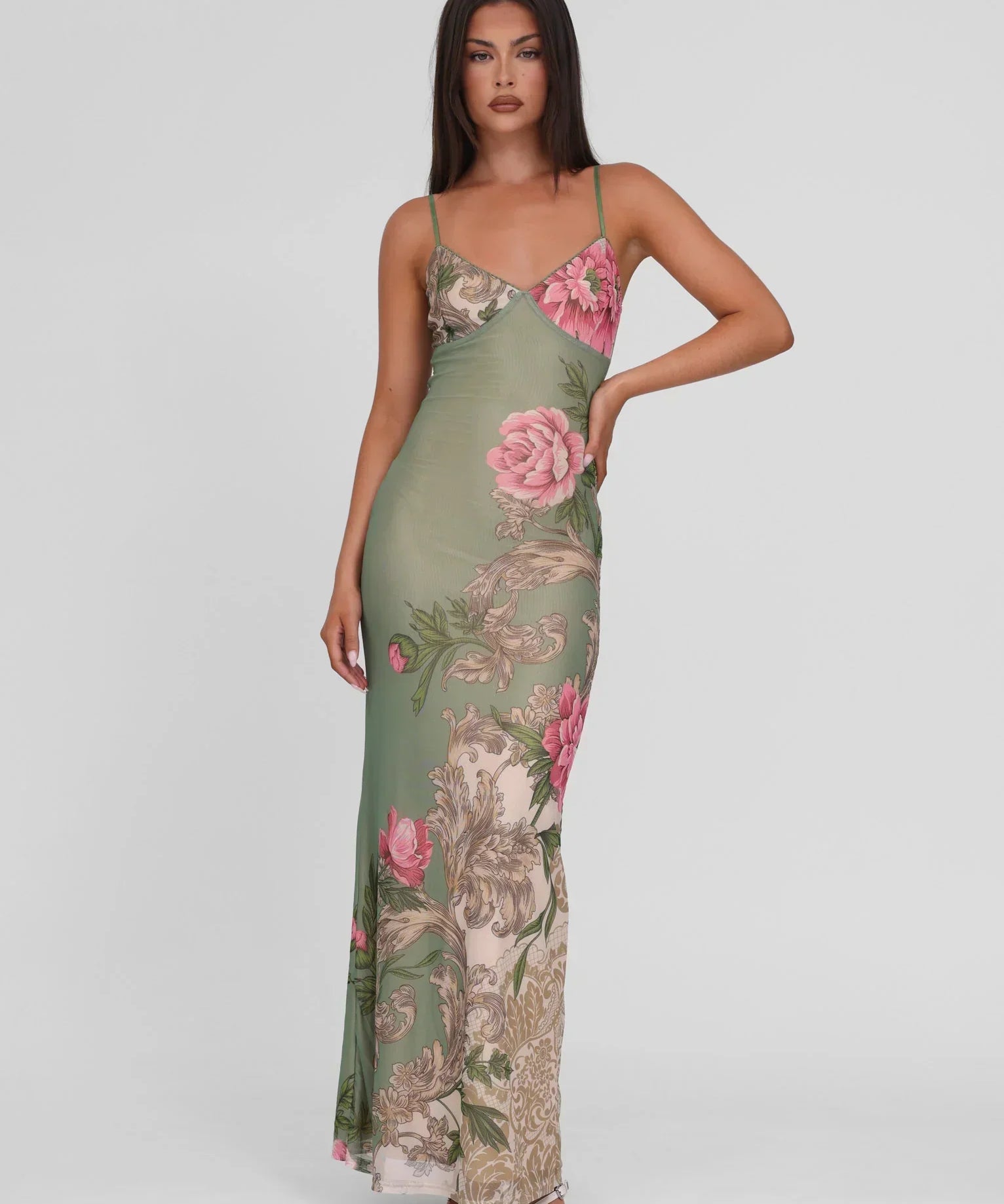 Julie | Elegant Printed Sleeveless  Rose Stripe Flowy Maxi Dress