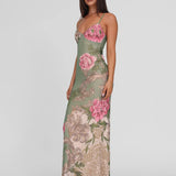Julie | Elegant Printed Sleeveless  Rose Stripe Flowy Maxi Dress