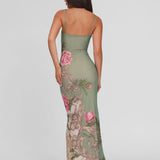 Julie | Elegant Printed Sleeveless  Rose Stripe Flowy Maxi Dress
