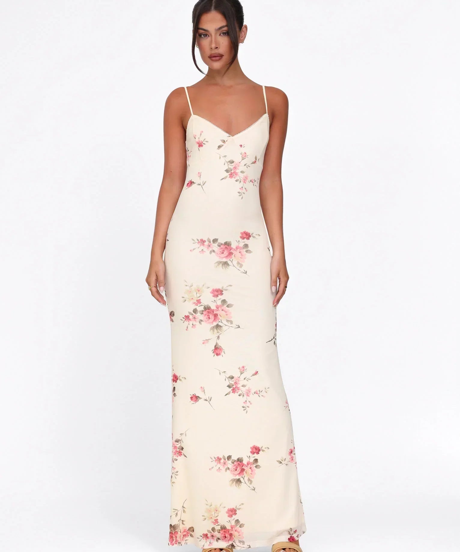 Julie | Elegant Printed Sleeveless  Rose Stripe Flowy Maxi Dress