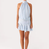 Willow | Open Back Ruffle Hem High-Neck Chiffon Mini Dress