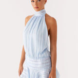 Willow | Open Back Ruffle Hem High-Neck Chiffon Mini Dress