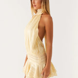 Willow | Open Back Ruffle Hem High-Neck Chiffon Mini Dress