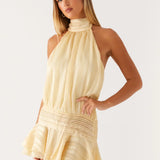 Willow | Open Back Ruffle Hem High-Neck Chiffon Mini Dress