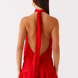 Willow | Open Back Ruffle Hem High-Neck Chiffon Mini Dress