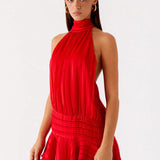 Willow | Open Back Ruffle Hem High-Neck Chiffon Mini Dress